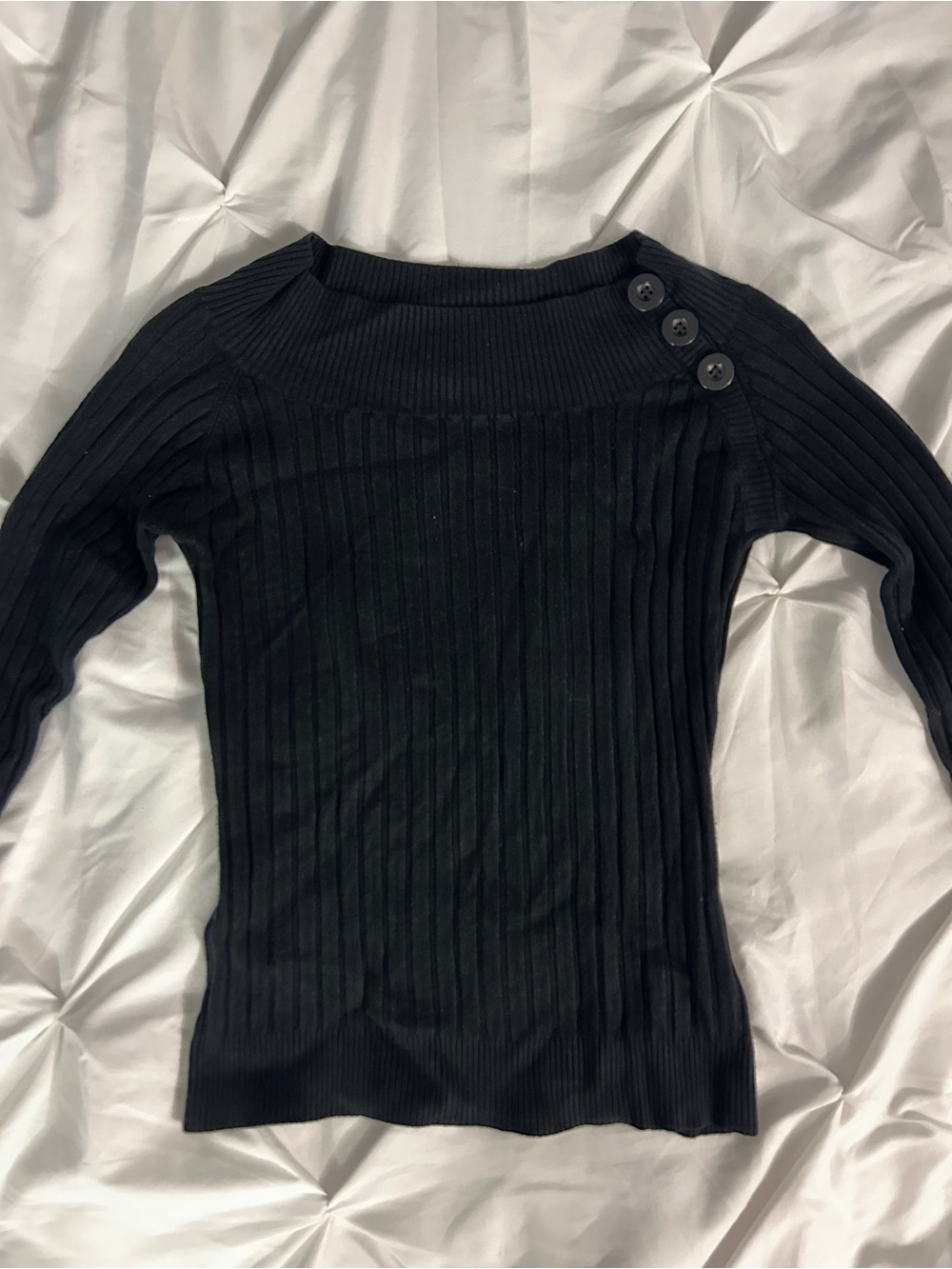 Black Ribbed Button-Shoulder Long Sleeve Top - Picture 2 of 3